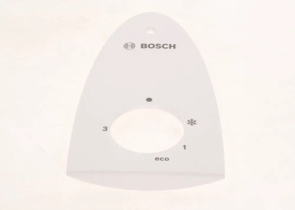 Weißes Bedienfeld von Bosch mit Skala von 1 bis 3, einem Eco-Symbol und einer markierten Stelle für die Temperaturregelung.